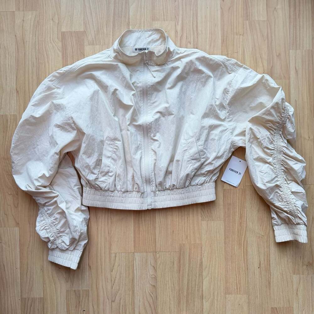 Cream Ruched Sleeve Cropped Nylon Zip-Up Bomber Jacket by Forever 21 size XS